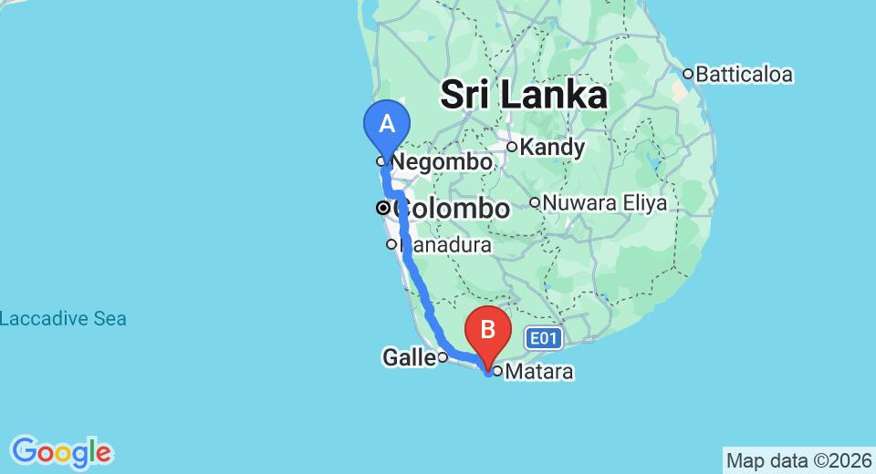 Driving route map: Colombo Airport (CMB) to Lantern Boutique Hotel, Matara (180 km, approx 2 h 36 min private transfer)