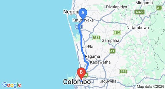 Driving route map: Colombo Airport (CMB) to Colombo 9 (31 km, approx 35 min private transfer)