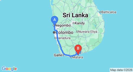 Driving route map: Colombo Airport (CMB) to Lagoon Paradise Beach Resort, Tangalle (218 km, approx 2 h 58 min private transfer)