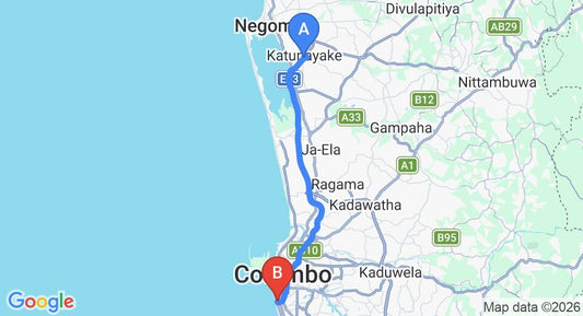Driving route map: Colombo Airport (CMB) to The Residence Business Hotel, Colombo (36 km, approx 50 min private transfer)