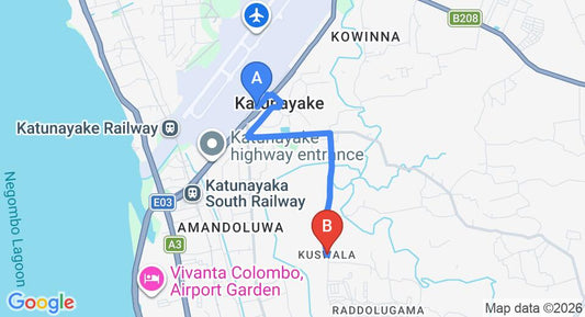 Driving route map: Colombo Airport (CMB) to Kuswala (5 km, approx 12 min private transfer)