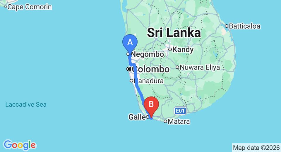 Driving route map: Colombo Airport (CMB) to Galle Henna Estate, Talpe (155 km, approx 2 h 13 min private transfer)