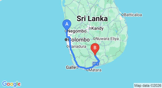 Driving route map: Colombo Airport (CMB) to Kottawatta Village, Udawalawe (255 km, approx 3 h 31 min private transfer)