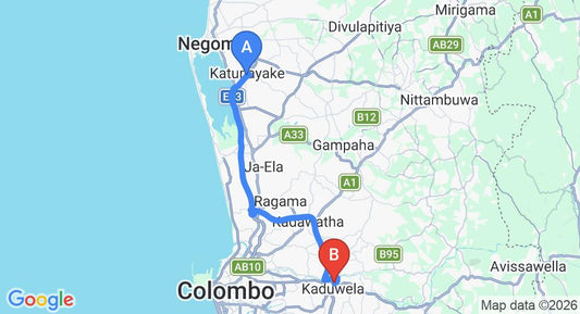 Driving route map: Colombo Airport (CMB) to Rock Chalet, Kaduwela (40 km, approx 42 min private transfer)