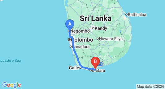 Driving route map: Colombo Airport (CMB) to Peacock Villa Ayurveda Garden, Dikwella (200 km, approx 2 h 51 min private transfer)