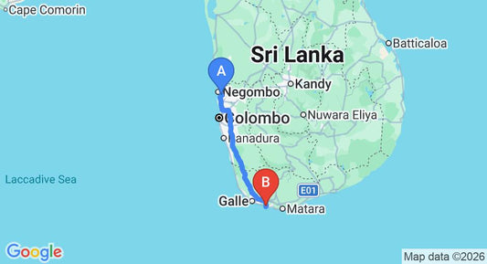 Driving route map: Colombo Airport (CMB) to Charming Holiday House, Ahangama (165 km, approx 2 h 21 min private transfer)
