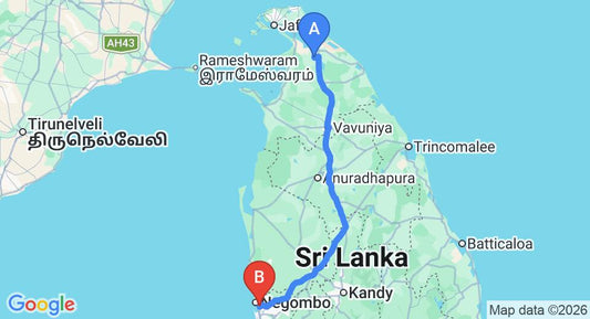 Driving route map: Kilinochchi to Colombo Airport (CMB) (314 km, approx 6 h 12 min private transfer)