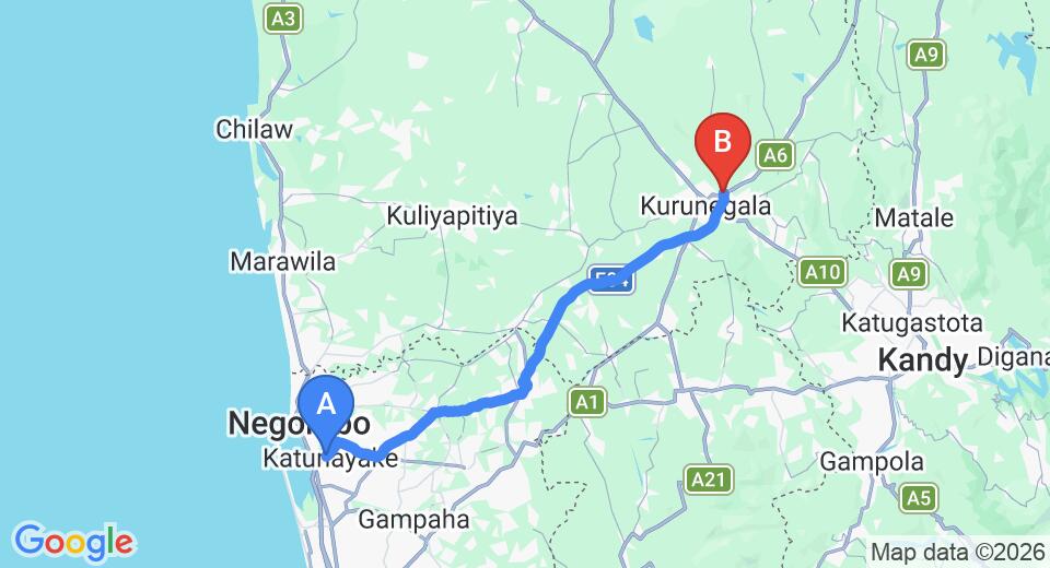 Driving route map: Colombo Airport (CMB) to Hotel Buddi Samudra, Kurunegala (76 km, approx 1 h 35 min private transfer)