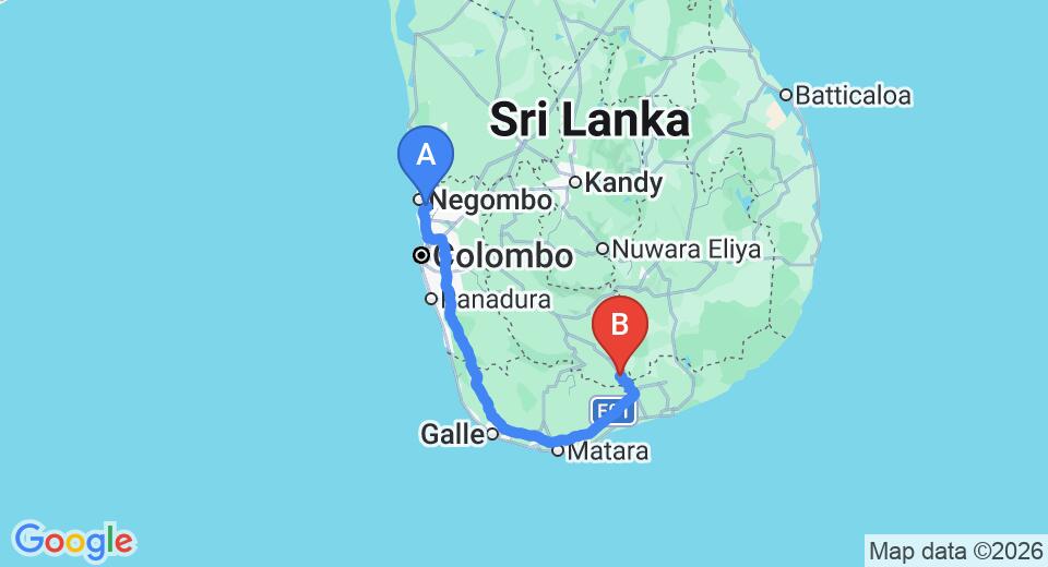 Driving route map: Colombo Airport (CMB) to Lake View Lanka Guesthouse, Embilipitiya (245 km, approx 3 h 16 min private transfer)