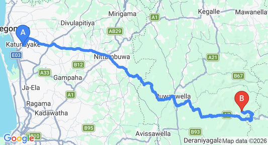 Driving route map: Colombo Airport (CMB) to Palmstone Retreat, Kitulgala (94 km, approx 2 h 56 min private transfer)