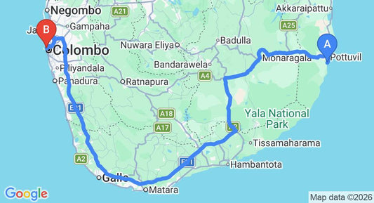 Driving route map: Arugam Bay to Colombo Seaport (410 km, approx 6 h 29 min private transfer)