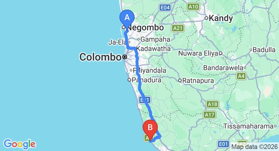 Driving route map: Colombo Airport (CMB) to Lawrence Hill Paradise, Hikkaduwa (143 km, approx 2 h 8 min private transfer)