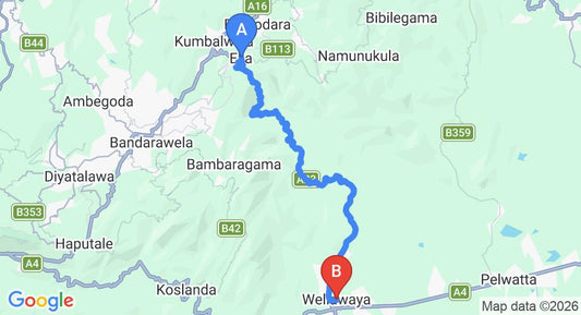 Driving route map: Ella to Wellawaya (27 km, approx 41 min private transfer)