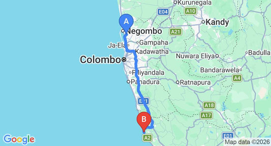 Driving route map: Colombo Airport (CMB) to Six Degrees North, Ambalangoda (133 km, approx 2 h 4 min private transfer)
