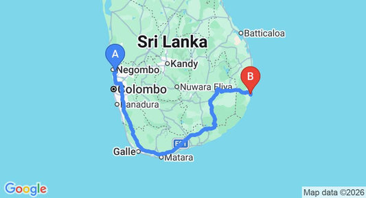 Driving route map: Colombo Airport (CMB) to Moon Eyes Beach Hotel, Arugam Bay (417 km, approx 6 h 24 min private transfer)