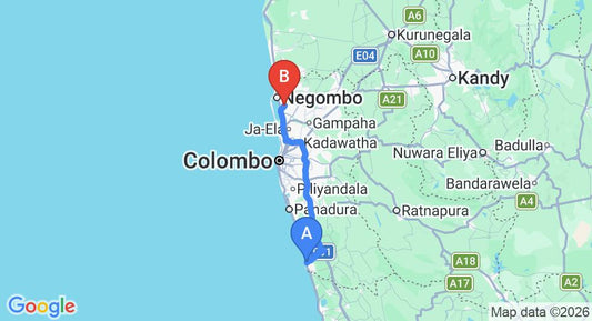Driving route map: Beruwala to Colombo Airport (CMB) (97 km, approx 1 h 38 min private transfer)