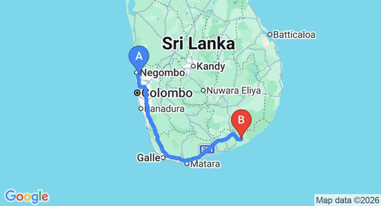 Driving route map: Colombo Airport (CMB) to Kithala Resort, Tissamaharama (280 km, approx 3 h 44 min private transfer)