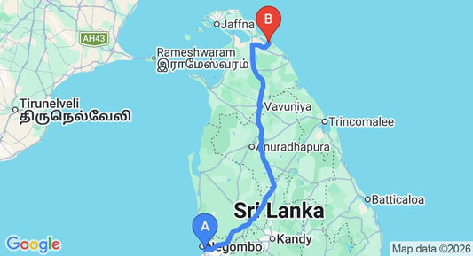 Driving route map: Colombo Airport (CMB) to Chundikkulam (340 km, approx 6 h 49 min private transfer)