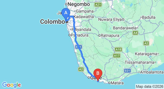 Driving route map: Colombo Seaport to Ahangama (160 km, approx 2 h 18 min private transfer)