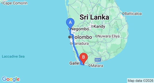 Driving route map: Colombo Airport (CMB) to Villa Modarawattha, Ahangama (163 km, approx 2 h 24 min private transfer)