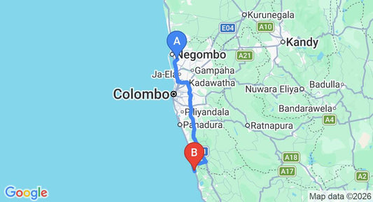 Driving route map: Colombo Airport (CMB) to Shunyata Villa, Induruwa (112 km, approx 1 h 46 min private transfer)