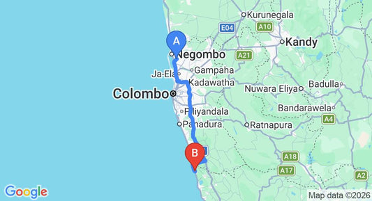 Driving route map: Colombo Airport (CMB) to Induruwa (114 km, approx 1 h 51 min private transfer)
