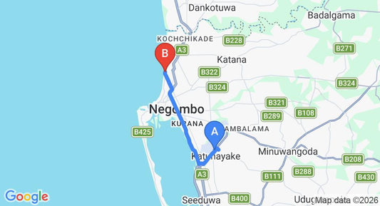 Driving route map: Colombo Airport (CMB) to Jetwing Ayurveda Pavilions, Negombo (13 km, approx 30 min private transfer)