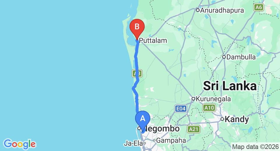 Driving route map: Colombo Airport (CMB) to Horathapola Estate, Puttalam (106 km, approx 2 h 38 min private transfer)