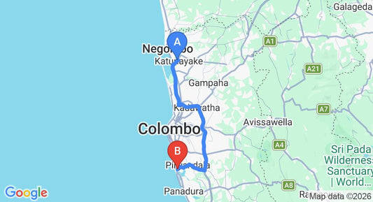 Driving route map: Colombo Airport (CMB) to Moratuwa (68 km, approx 1 h 18 min private transfer)