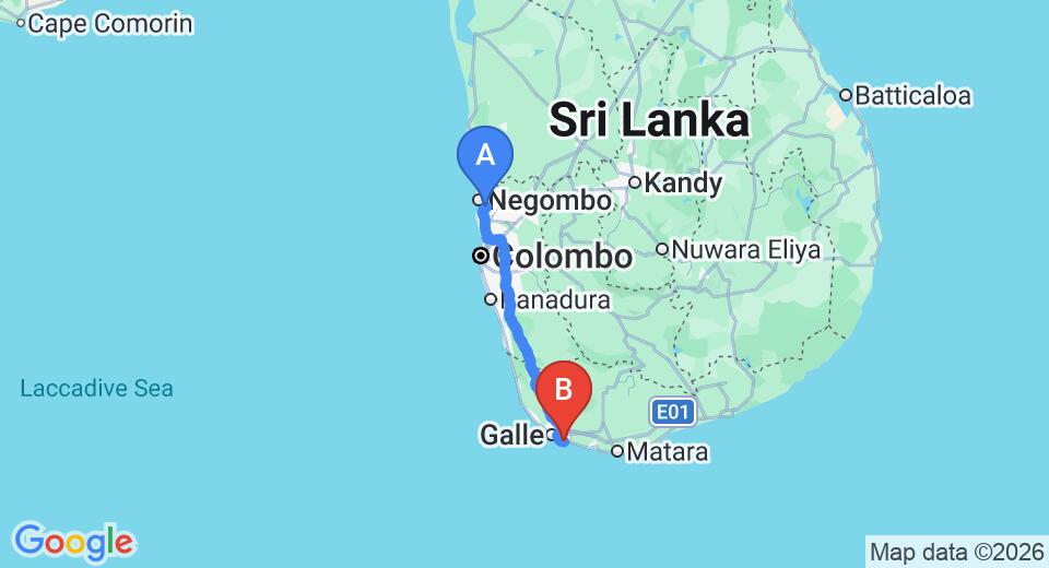 Driving route map: Colombo Airport (CMB) to Era Beach by Jetwing, Talpe (156 km, approx 2 h 13 min private transfer)