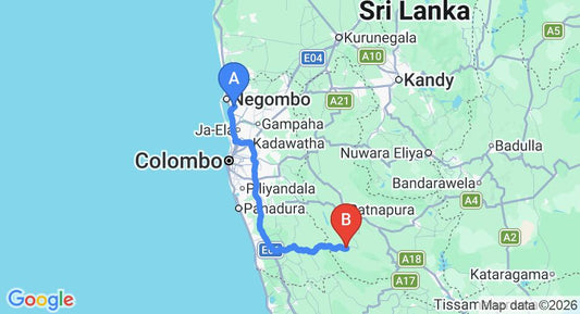 Driving route map: Colombo Airport (CMB) to Bandura Holiday Bungalow, Kalawana (133 km, approx 2 h 26 min private transfer)