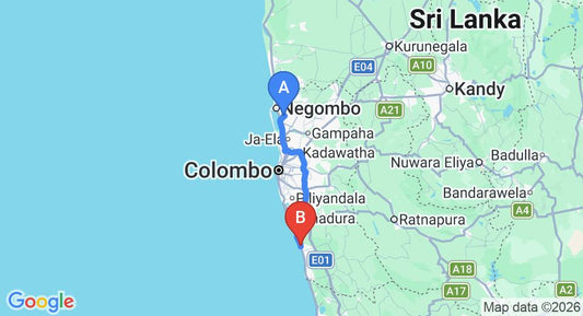 Driving route map: Colombo Airport (CMB) to Gedara, Kalutara (83 km, approx 1 h 30 min private transfer)