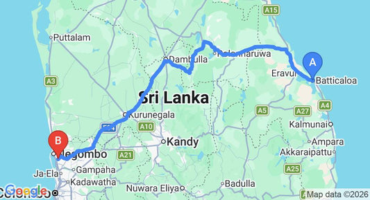 Driving route map: Batticaloa to Colombo Airport (CMB) (292 km, approx 6 h 2 min private transfer)