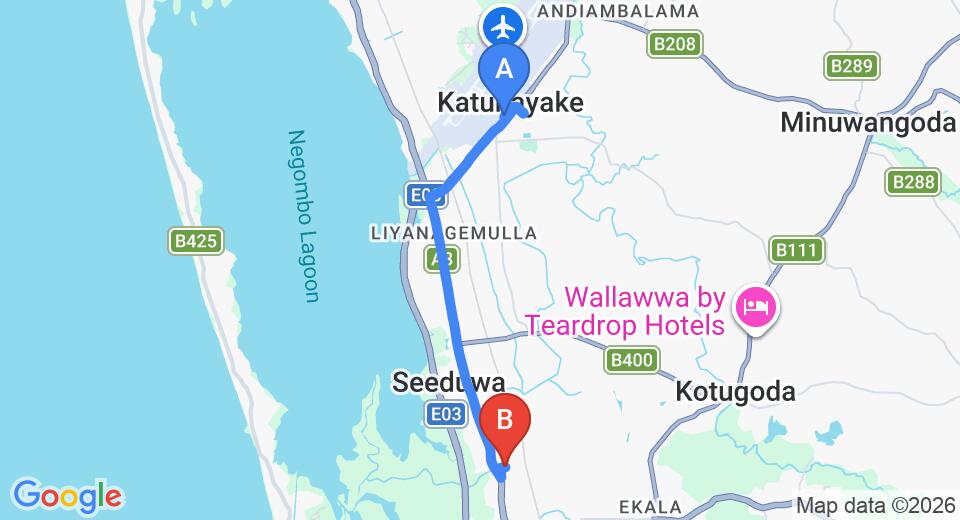Driving route map: Colombo Airport (CMB) to Hotel Stargazer, Ja Ela (9 km, approx 19 min private transfer)