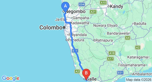 Driving route map: Colombo Airport (CMB) to Full Moon Beach Resort, Unawatuna (153 km, approx 2 h 9 min private transfer)