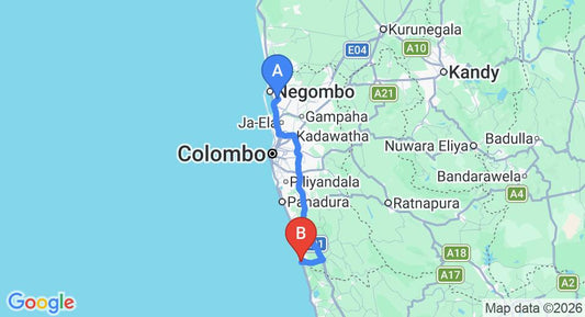 Driving route map: Colombo Airport (CMB) to Club Bentota, Bentota (107 km, approx 1 h 40 min private transfer)