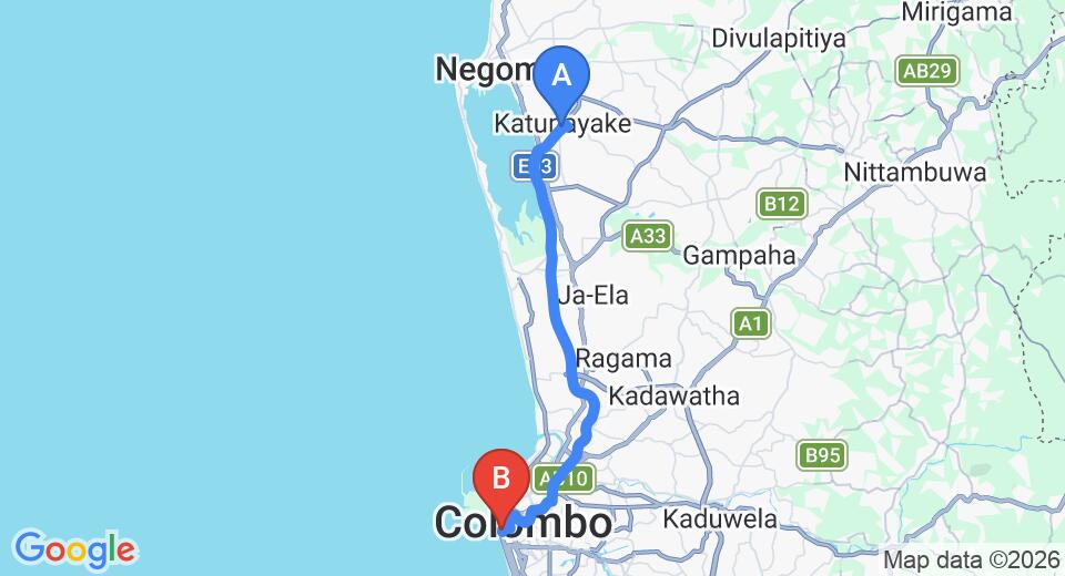 Driving route map: Colombo Airport (CMB) to Ramada Colombo, Colombo (36 km, approx 48 min private transfer)