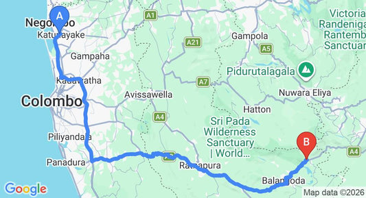 Driving route map: Colombo Airport (CMB) to Villa Chrysoberyl, Belihuloya (179 km, approx 4 h 8 min private transfer)