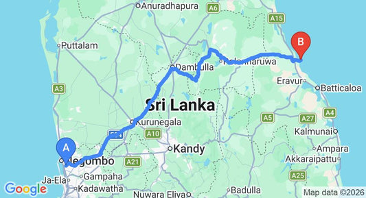 Driving route map: Colombo Airport (CMB) to Anilana Pasikuda, Pasikuda (268 km, approx 5 h 30 min private transfer)