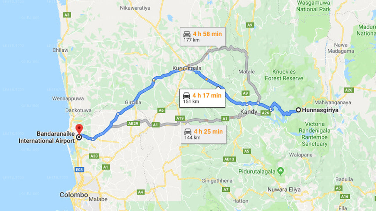 Privater Transfer von der Stadt Hunnasgiriya zum Flughafen Colombo (CMB).